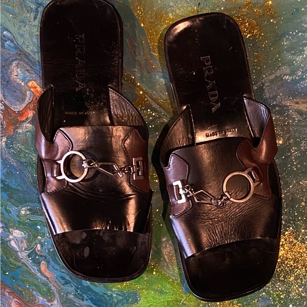 Vintage Prada Black and Brown Leather Slides buckle top size 10